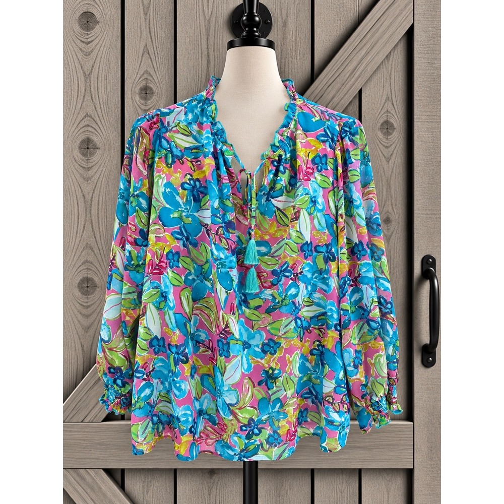 Belle by Kim Gravel Floral Blouse 2X Pink Blue Ruffle Tassel Smocked A394065